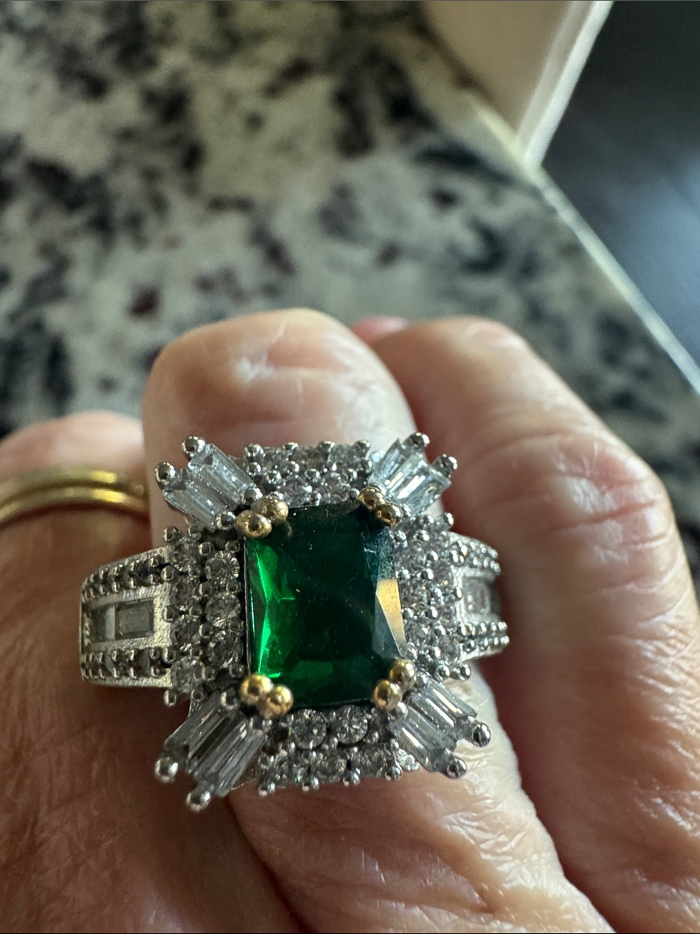 Emerald-Style Square Halo Statement Ring - Green